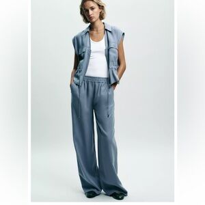 Zara soft-touch wide-leg trousers and a soft-touch safari top in blue/grey